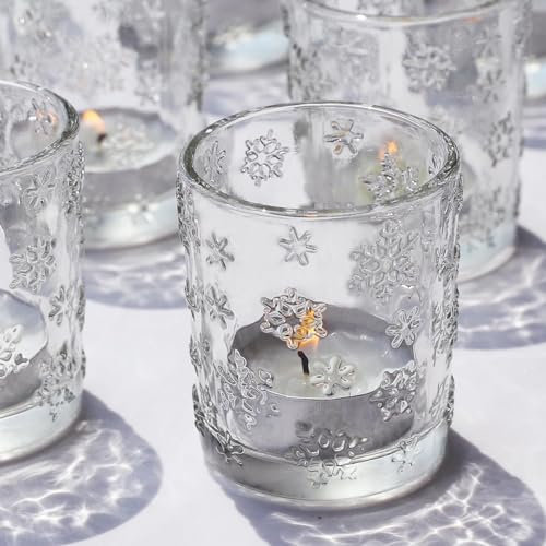 VOHO Schneeflocken Votivkerzenhalter für Winterdekor, 12er Set Klarglas Kerzenhalter für Votivkerzen & Teelichter Kerzen, Teelichthalter Geschenke für Frauen