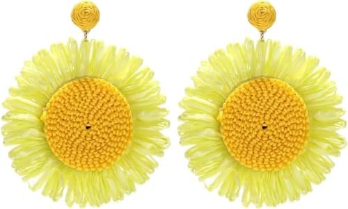 TOECCY Rattan Ohrringe für Damen Sonnenblumen Tropfen Ohrringe Boho Ohrringe Böhmische Statement Ohrringes Schmuck Geschenk für Frauen Sommer, Strand (Gelb）