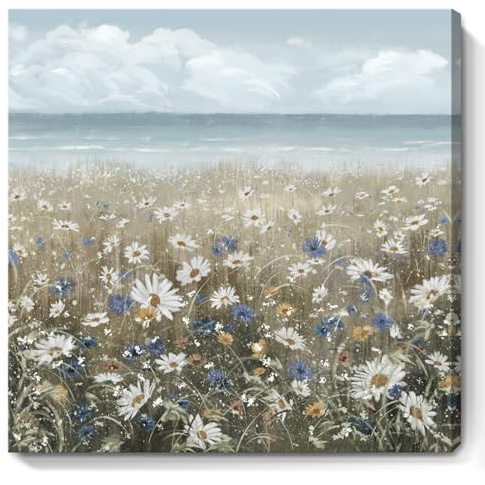 Canvas Wall Art Beach Floral Wall Picture Coastal Boho Farmhouse Daisy Flowers Nautical Sea Ocean Wildflowers Canvas Print Vintage Artwork for Small Rustic Bathroom Bedroom Living Room Office Décor