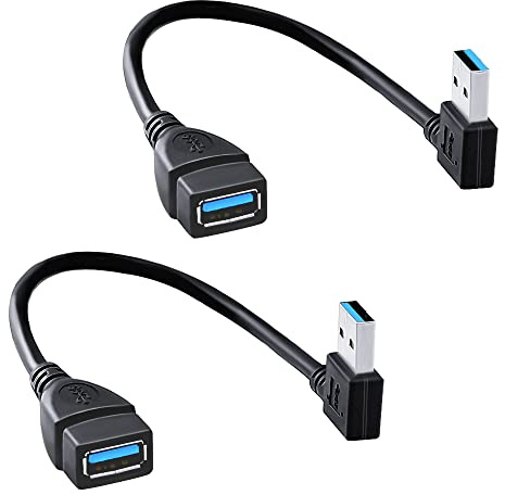 HSP-HSWITI SuperSpeed - Lot de 2 câbles d'extension de données USB 3.0, adaptateur mâle vers femelle à 90 degrés, câble court à angle gauche et droit pour appareil avec port USB (20 cm)