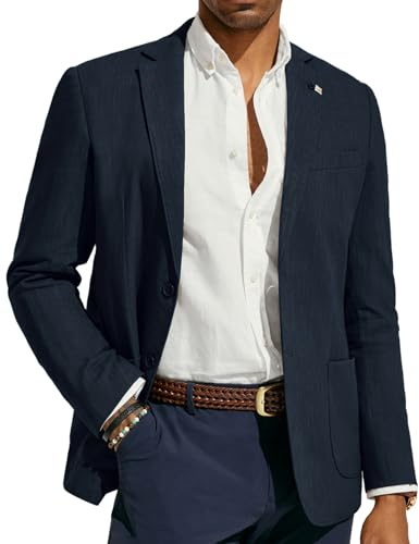 PJ PAUL JONES Chaqueta de lino para hombre, blazer moderno de ocio, saco deportivo de corte regular, 2 botones, chaqueta de traje de negocios, azul oscuro, S