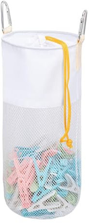 GNEGNI LIFE Pegs Bag, Mesh Clothes Pegs Bag for Washing Line with Hook Drawstring Hanging Clothespin Bag Portable Breathable Pegs Holder Bag,Holds Up to 300 Pegs(White)