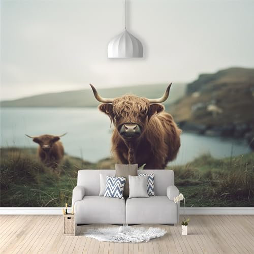 3D Effekt Berge, Meere, Tiere, Hochlandrinder Wandtapete - Fototapete für Wohnzimmer und Kinderzimmer | Wanddeko Tapete | 250 (B) x 175 (H) cm