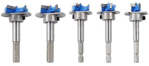 Forstner - Juego de 5 Brocas para Taladro de Posicionamiento Ajustables con Mango Hexagonal de 1520253035 mm, Juego de Brocas Forstner para Madera, Brocas Forstner de Metal