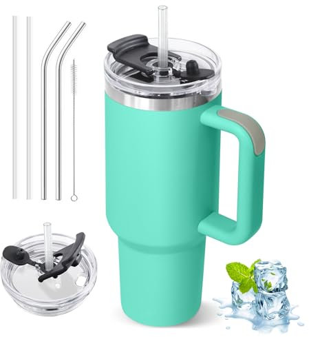 ZAKVOP Taza Termo cafe para Llevar, Taza Termica 1200ml con Tapa y Pajitas, Vaso Termico con Asa, Tumbler para Frío y Caliente, Travel Mug con Tapa Multifunción (Turquesa)