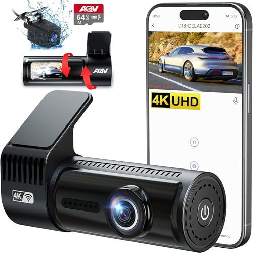 AQV Dashcam Auto Vorne Hinten 4K WiFi Autokamera mit 64GB SD Karte, Loop-Aufnahme, G-Sensor, APP Steuerung, Super Nachtsicht, 170°+140° Weitwinkel, Parküberwachung, Sicherere Superkondensator