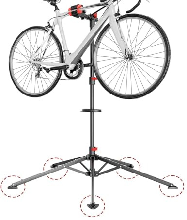 KARAT - Pied de Montage vélo jusqu'à 30 kg - Support de réparation Professionnel avec Plateau à Outils, Pivotant, Pliable, Hauteur réglable - 128 L x 128 l x 113,5-193 H cm, Noir-Rouge (Lois)