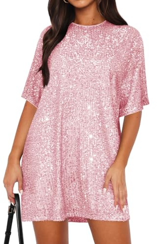 EUDOLAH Women's Sparkly Backless V-Neck Shirt Dress Sexy Half Sleeve Loose Party Club Cocktail Dress (XL,Pink)