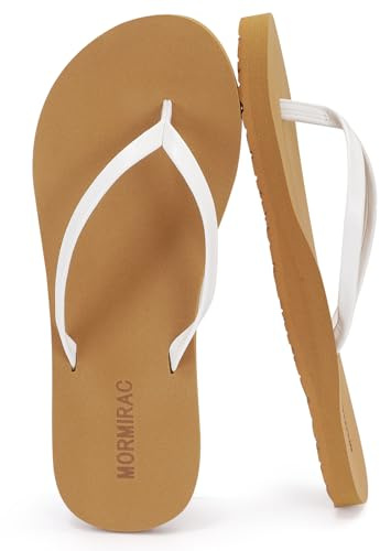 MORMIRAC Womens Slim Leather Comfortable Flip Flops Summer Beach Thong Sandals Arch Support Non Slip,White US8