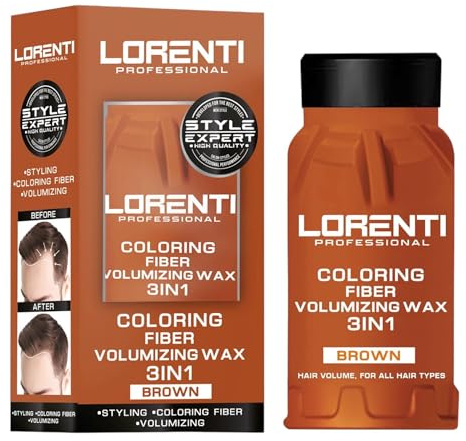 Lorenti Cera profesional 3 en 1 de fibra de volumen marrón – Estilismo, coloración y engrosamiento del cabello, cera en polvo contra el cabello fino para hombres y mujeres