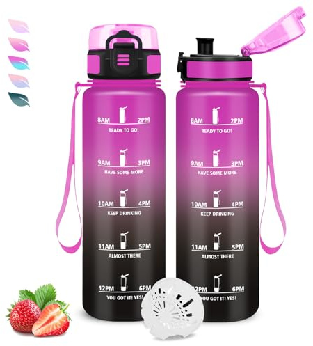 Botella Agua 1 Litro, Botella Agua Gimnasio con Filtro, Cantimplora Infantil Reutilizable, Marca de Tiempo, Cantimplora con Marca de Tiempo, para la Adulto, Oficina, Deportes, Oficina, Gym, Deportes