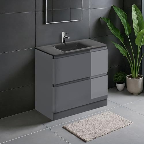 Go Bathrooms Floor Vanity Unit 900mm Anthracite Grey Glass | Anthracite grey floor-standing bathroom cabinet with soft-close drawers. Includes grey glass basin.