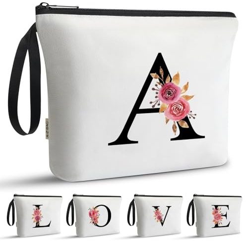 A-Z BAG Initial Makeup Bag, Birthday Gifts for Women Girls (A) | Cosmetic Wash Bag & Toiletry Pouch with Floral Letter for Mum, Friend, Teenage, Bridesmaid