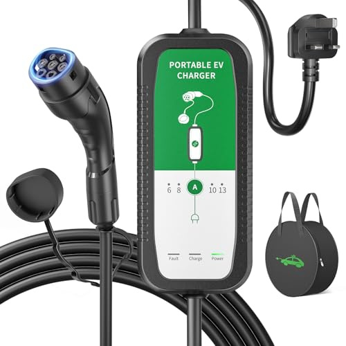 EVJUICION EV Charger Cable Type 2 to 3 Pin Plug 8M, [6/8/10/13A] EV Charger 3kW Portable Electric Car Charger, IP67/IP54 Type 2 Charging Cable 3 Pin with 3 LED Indicator Lights, for EVs & PHEV