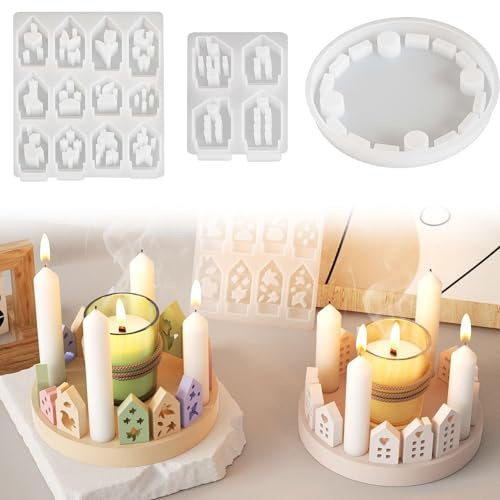 Silikonformen Gießformen Weihnachten 3 Stück Silikonform Kerzenhalter Set Silikonform Häusers Mit Sockel Gießformens Weihnachten Silikonformen Gießformens Häusers für DIY Weihnachtens Festival Deko