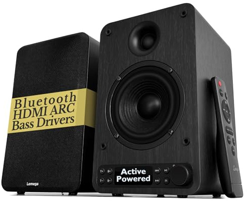 LEMEGA Active Bookshelf Speakers 40W RMS, Powered Stereo Speakers with 4 woofer and 1.25 Tweeter, Bluetooth,USB, HDMI/Optical/AUX/RCA Inputs for PC and TV, LED Display, Bass & Treble Control