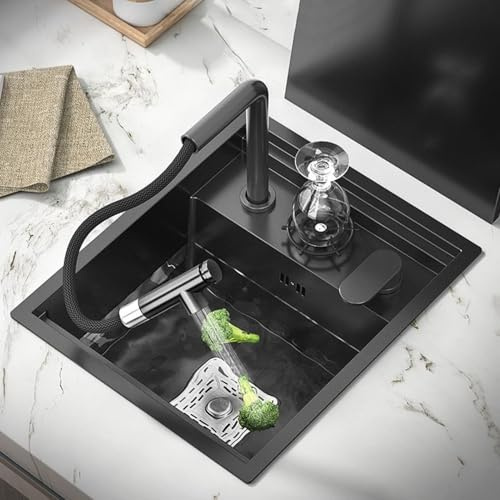 XDCXYD Lavello da cucina bar nascosto con rubinetto pieghevole, lavello da bar in acciaio inossidabile nascosto a montaggio sottopiano per piccola cucina barra di preparazione camper (nero C, 38 x 45