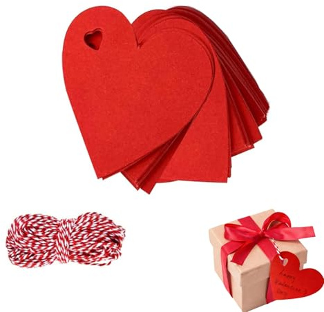 100 Piezas Etiquetas de Regalo en Forma de Corazón, Etiquetas de Regalo de San Valentín Rojas, Papel Kraft Forma de Corazón, con10m Cordel para Navidad, Boda, San Valentín, Cumpleaños Decoración