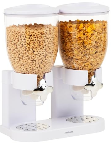 Mind Reader Double Cereal Dispenser for Countertop, 2 x 2L Airtight Containers, Rotating Dry Food Dispenser for Cereal, Rice, Candy, Coffee Beans, White