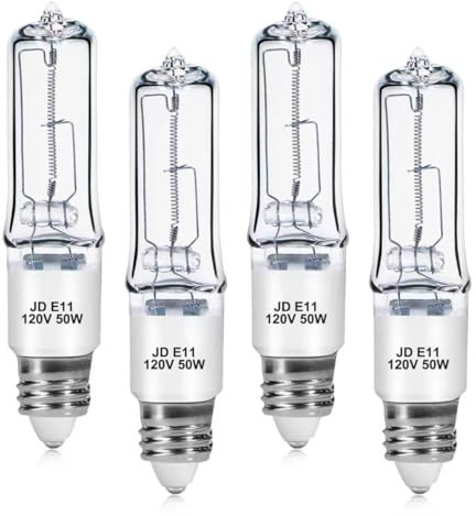 Comyan 4-Pack JDE11 120V 50W Halogen Bulbs, E11 Mini Candelabra Base T4 Light Bulb, 600LM 2700K Warm White Dimmable for Ceiling Fan, Chandeliers, Pendant Lights and Accent Fixtures