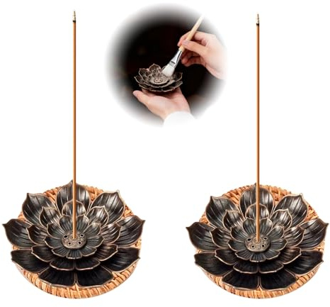2 Stück Räucherstäbchen Halter Lotus Incense Holder Räucherstäbchenhalter | 6 Loch, mit Rattan Untersetzer und Bürste, Atmosphäre Schaffen, für Meditation Yoga Arbeitszimmer Teestuben