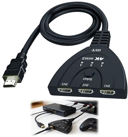 4K@60Hz HDMI Switch 3 in 1 Out, 3 Ports HDMI Switcher, Ultra HD HDR HDMI Splitter Compatible with Dual Monitors, HDCP2.2, 3D, Dolby Vision, HDMI Switcher for PS5, Xbox, PC, TV, Projector and Streaming