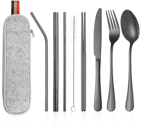 LERANXIN Set Couverts Voyage, 9 Pièces Couvert Camping en Acier Inoxydable, Couvert a Emporter Portable avec Sac de Rangement, pour Pique-Niques, Camping, Voyages et Autres Activités Plein Air, Noir