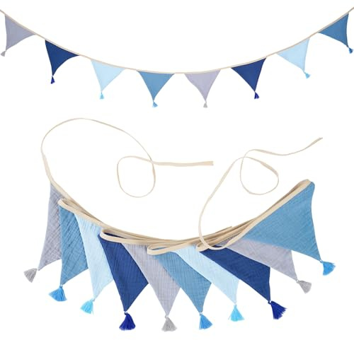 DIPZO 2,6m Vimpel i Tyg med Tofsar, 10 Styck Vintage Dubbelsidig Bomullsgirland, Väggdekoration för Barnrum, Babyrum och Baby Shower