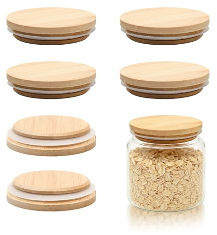 6Pcs Bamboo for Pot Lids Airtight Lid Compatible with Puds Cheesecake Jars with Silicone Sealing Ring Leakproof Reusable Airtight Jar Glass Storage Can Lid for Puds Yoghurt Pots