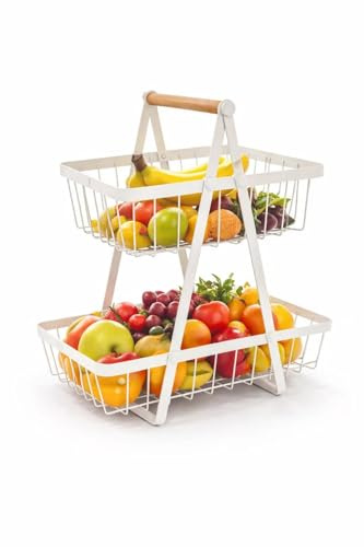 DAMDAM GO Frutero de 2 Niveles con Asa de Madera, Cesta Organizadora de Metal Resistente hasta 5 kg, 30 x 18 x 32 cm, Soporte Estable para Cocina, Baño u Oficina