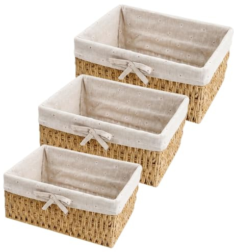 3 Stück Aufbewahrungskorb mit Futter Geflochtener Korb Stapelbare, Korb Aufbewahrung Aufbewahrungskorb, Aufbewahrungsbox Rattan, für Bad, Küche, Wohnzimmer, Dekokörbchen im Boho Stil