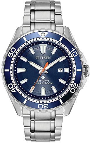 Citizen Men's Promaster Sea Eco-Drive Stainless Steel Watch, 3-Hand Date, One-Way Rotating Bezel, ISO Compliant, Luminous Hands and Markers, Blue Dial, 45mm (Model: BN0191-55L)