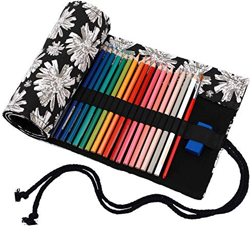 Amoyie Canvas Faltbare Stifterolle für 72 Buntstifte und Bleistifte, Roll-up Mäppchen für Künstler, Verpackung Mehrzwecktasche für Reisen/Schule/Büro/Kunst (Keine Schreibzeuge im Lieferumfang), Rosa