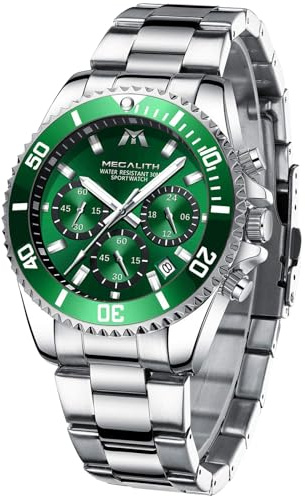 MEGALITH Chronograph Uhren Herren Edelstahl: Groß Zifferblatt Analog Datum | Designer Herrenuhr Leuchtend Wasserdicht für Business-Mann - Dresswatch für Casual Formelle - Geschenk für Vater Ehemann