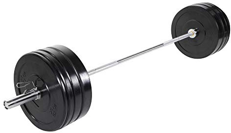 GORILLA SPORTS® Olympia Langhantelset 140 kg, 50 mm, mit 220-cm-Stange | Gummierte Hantelscheiben, Stange bis 450 kg belastbar, gerändelter Griff und 2 Federverschlüsse für Krafttraining