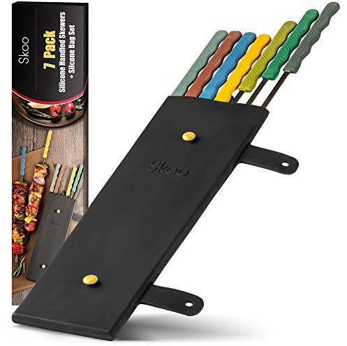 Skoo Barbecue Skewers Set,7 Silicone Handled Stainless Steel BBQ Skewers + Silicone Storage Bag,14 Flat Metal Shish Kebab Skewers for Grilling,Reusable Grill Kabob Skewer Sticks + Rollable Bag