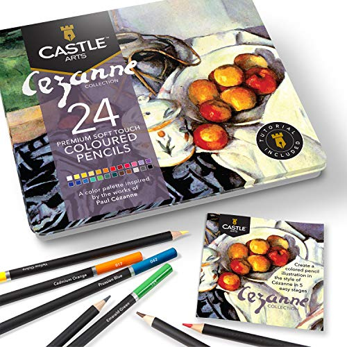 Castle Arts 24 färgpennor med tema i plåtask, perfekta Cézanne-inspirerade färger. Mjuka kärnor av hög kvalitet, överlägsen blending och lager på lager som ger fantastiska resultat