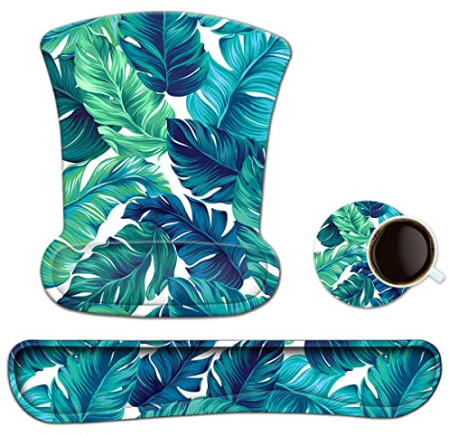 Tapis de souris ergonomique ToLuLu pour clavier et ordinateur portable, support de poignet avec mousse à mémoire de forme surélevée pour taper facilement la douleur, feuille tropicale