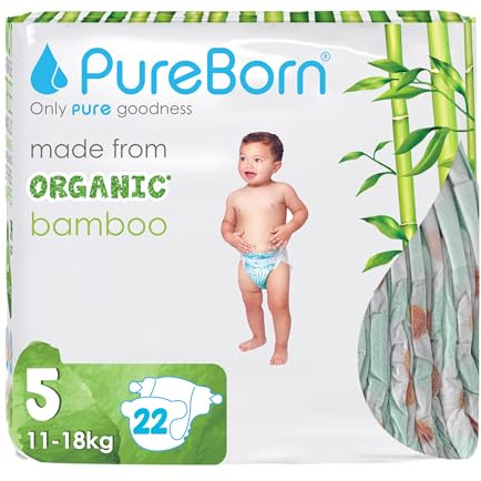 PureBorn 22 Couches Taille 5 (12-17 kg), Ultra-Absorbantes, Hypoallergéniques, Couches douces pour Bébé 12-24 mois, Testées Dermatologiquement, Anti-fuites, Écologiques en Bambou Naturel