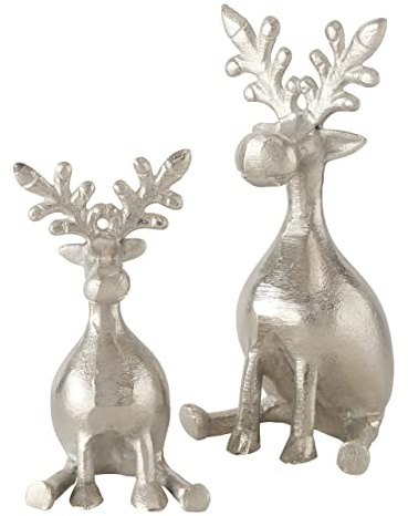 Boltze Figur Tarnow 2-teilig (Hirsch Figuren / Rentiere aus Metall, Dekoration für Weihnachten, Größe 8x8x16 cm / 10x10x21 cm, Rentiere sitzend) 2005317, Silber