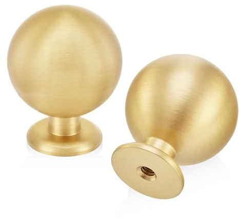 QOGRISUN 10-Pack Solid Brass Cabinet Knobs, Round Ball Gold Knobs for Dresser Drawer, 1.1-Inch Diameter, Sphere Cabinet Pulls, Brushed Brass Finish