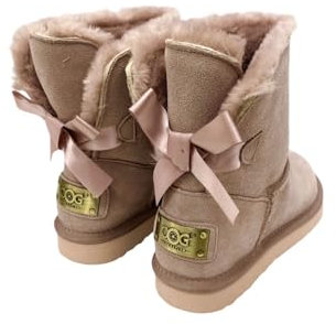 OOG Boots Damen Lederboots Stiefel mit Schleife, Bow, Schneestiefel echtes Leder, warme und Fell gefütterte Winterschuhe, rutschfeste, Flache, bequem und Kurze Stiefel (6166 Flamingo Hell, numeric_39)