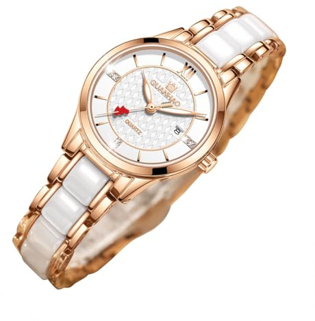 GUANHAO Ceramic Watches for Women, Fashion Ladies Watch with Calendar, Stainless Steel Waterproof Quartz Watches, Rose Gold White Women's Wristwatches