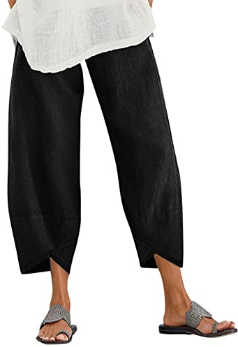 ZANZEA Womens Casual Trousers Cotton Linen Cropped Pants Loose Fit Bottoms | Summer Barrel Leg Trousers ,3/4 Capri Balloon Pants with Pockets,Straight Elasticated Waist Chino for Beach Lounge Yoga