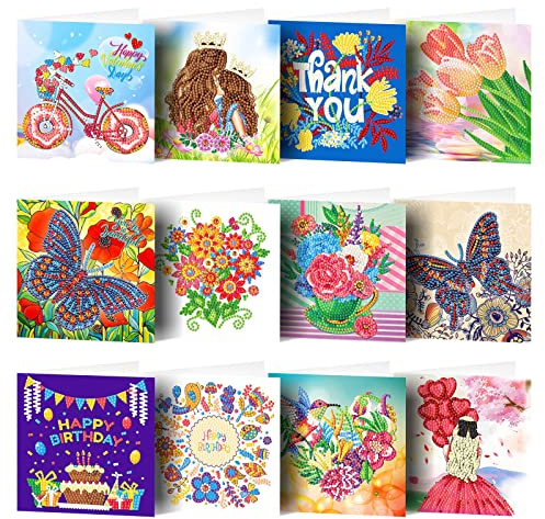 VDYXEW 12 Stück 5D DIY Diamond Painting Karten, Diamant Malerei Grußkarte, Danke Postkarte Grußkarte, für Geburtstag, Thanksgiving, Valentine