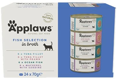 Applaws 100% naturligt premiumvåtfoder för katter, fiskval multipack i buljong – förpackning med 24 x 70 g burkar