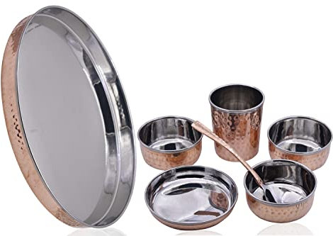 Indian Dinnerware Copper Stainless Steel Hammared Thali Set Traditional Dinner Set of 7 Pieces for Dining & Serving Tray Set
