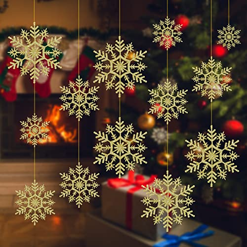 24 Stück Schneeflocken Weihnachten Deko, Glitzer Schneeflocken Anhänger Hänge Ornamente für Weihnachtsbaum (Gold)