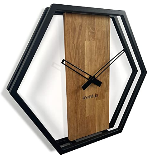 FLEXISTYLE Wanduhr groß Hexagon Holz Eiche LOFT schwarz Industrial modern 50cm Durchmesser ohne tickgeräusche Industrial Style