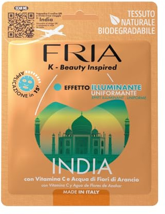 Fria K-Beauty Maschera Viso India con Vitamina C e Acqua di Fiori di Arancio, Effetto Illuminante e Uniformante sulla Pelle, Dermatologicamente Testata, Confezione da 1 Maschera